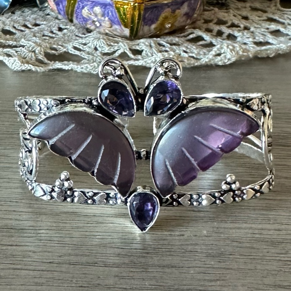 🆑 0876 Amethyst Handmade Adjustable Bangle Statement Bracelet Silver Cuff - Picture 4 of 10